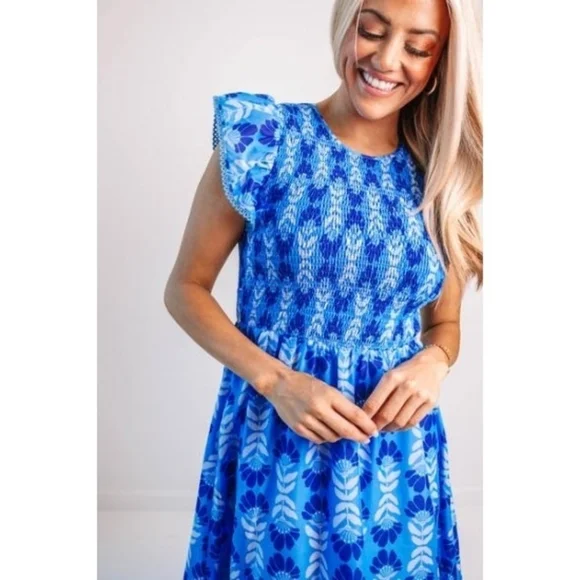 J. Marie Nwot The Luna Ruched Midi Floral Blue Dress Ruffle Sleeves Sz Medium - Picture 2 of 16